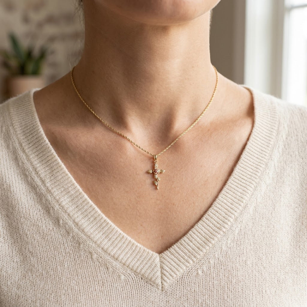 Person wearing a gold necklace with a cross pendant against a neutral background
