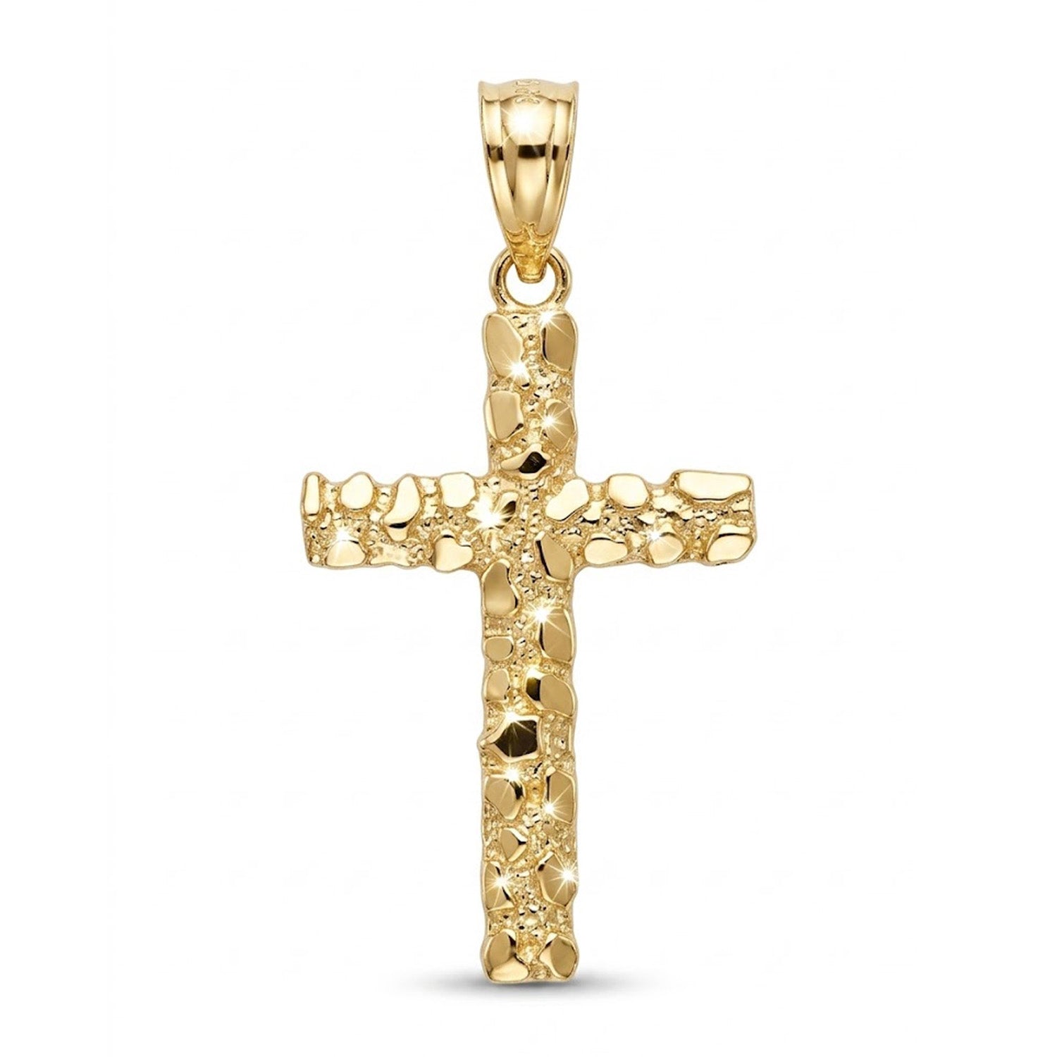 Gold nugget textured cross pendant on a white background