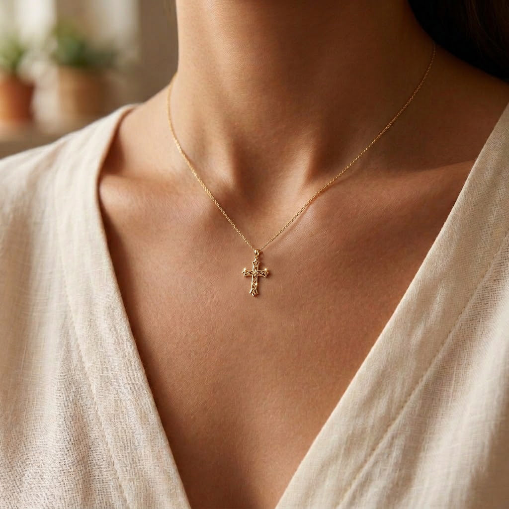 Gold diamond cut filigree cross pendant worn by model 