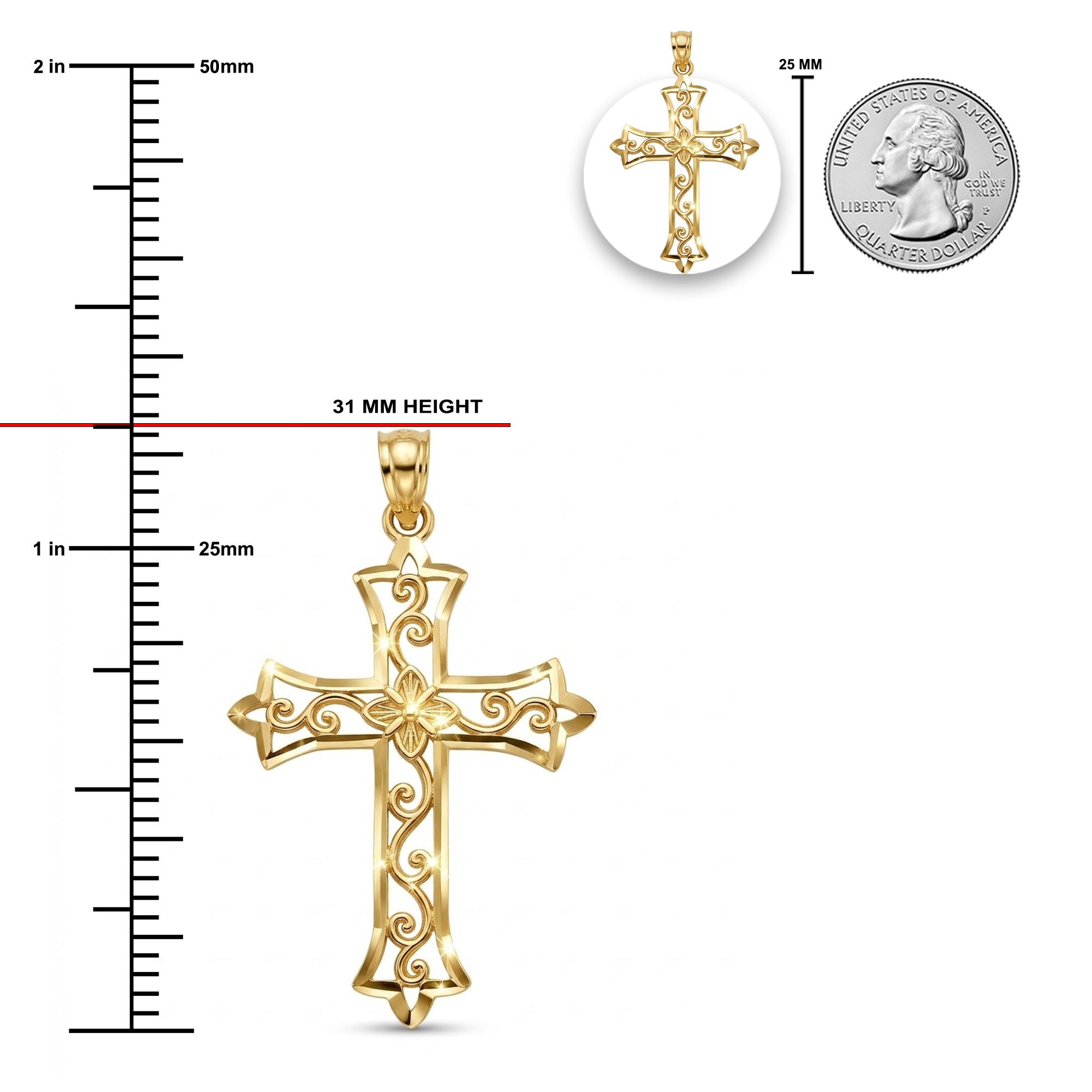 Gold diamond cut filigree cross pendant  sizing chart