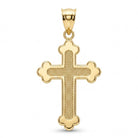 [group: large]A yellow gold cross pendant with a textured center and a smooth outer border, featuring a polished bail at the top, shown against a plain white background.
