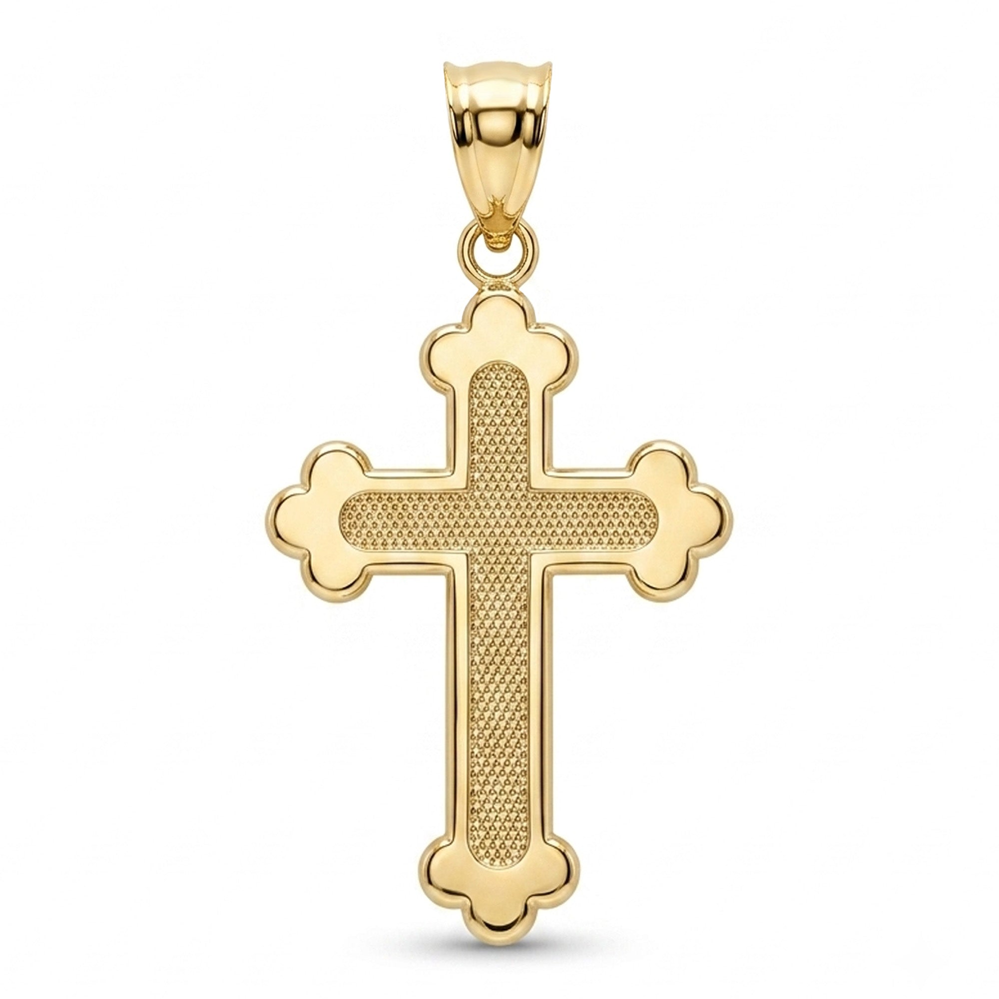 [group: large]A yellow gold cross pendant with a textured center and a smooth outer border, featuring a polished bail at the top, shown against a plain white background.