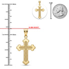 [group: large]Gold cross pendant shown on a white background with measurement markings, a 30 mm height label, a 25 mm coin size reference, and a small top inset of the pendant.