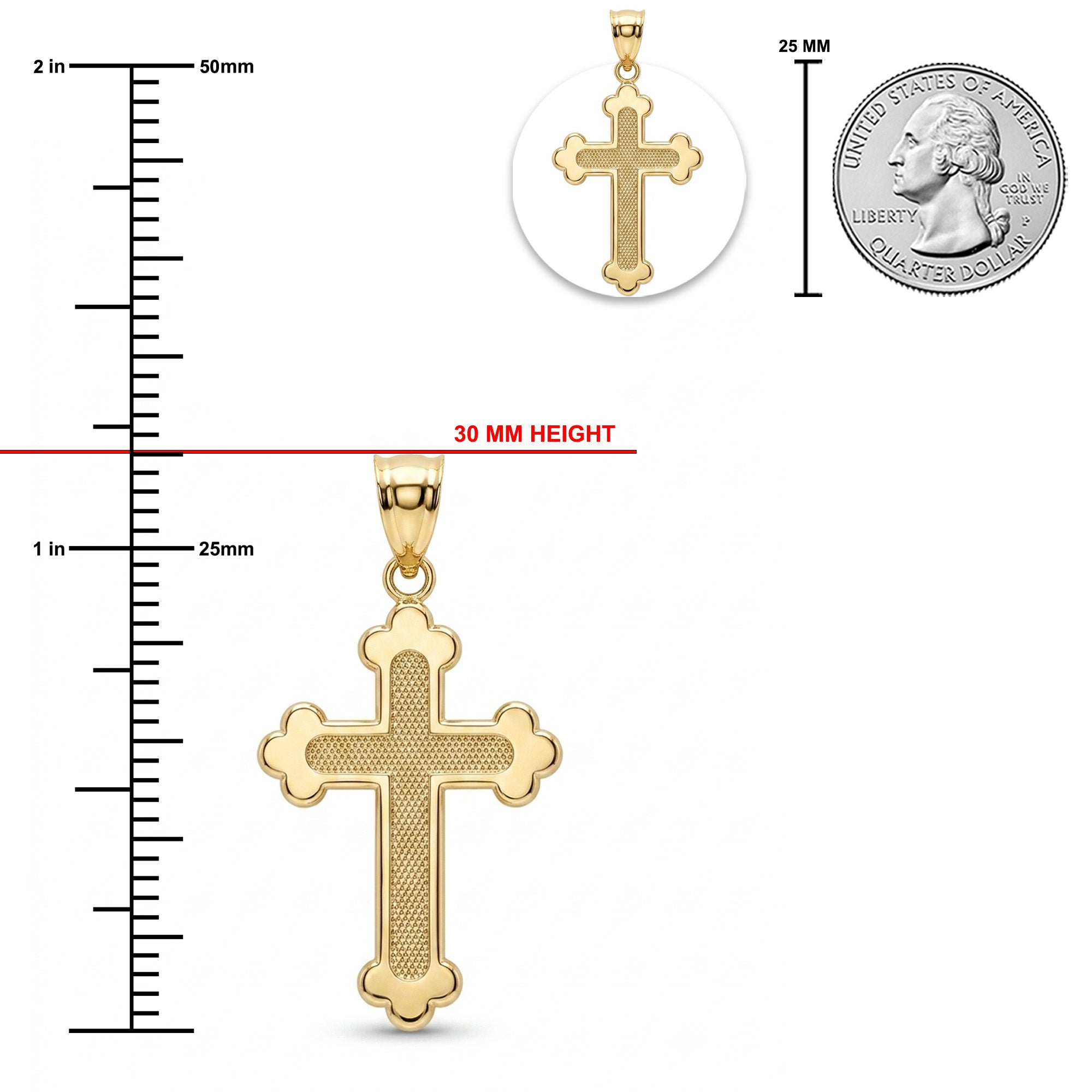 [group: large]Gold cross pendant shown on a white background with measurement markings, a 30 mm height label, a 25 mm coin size reference, and a small top inset of the pendant.