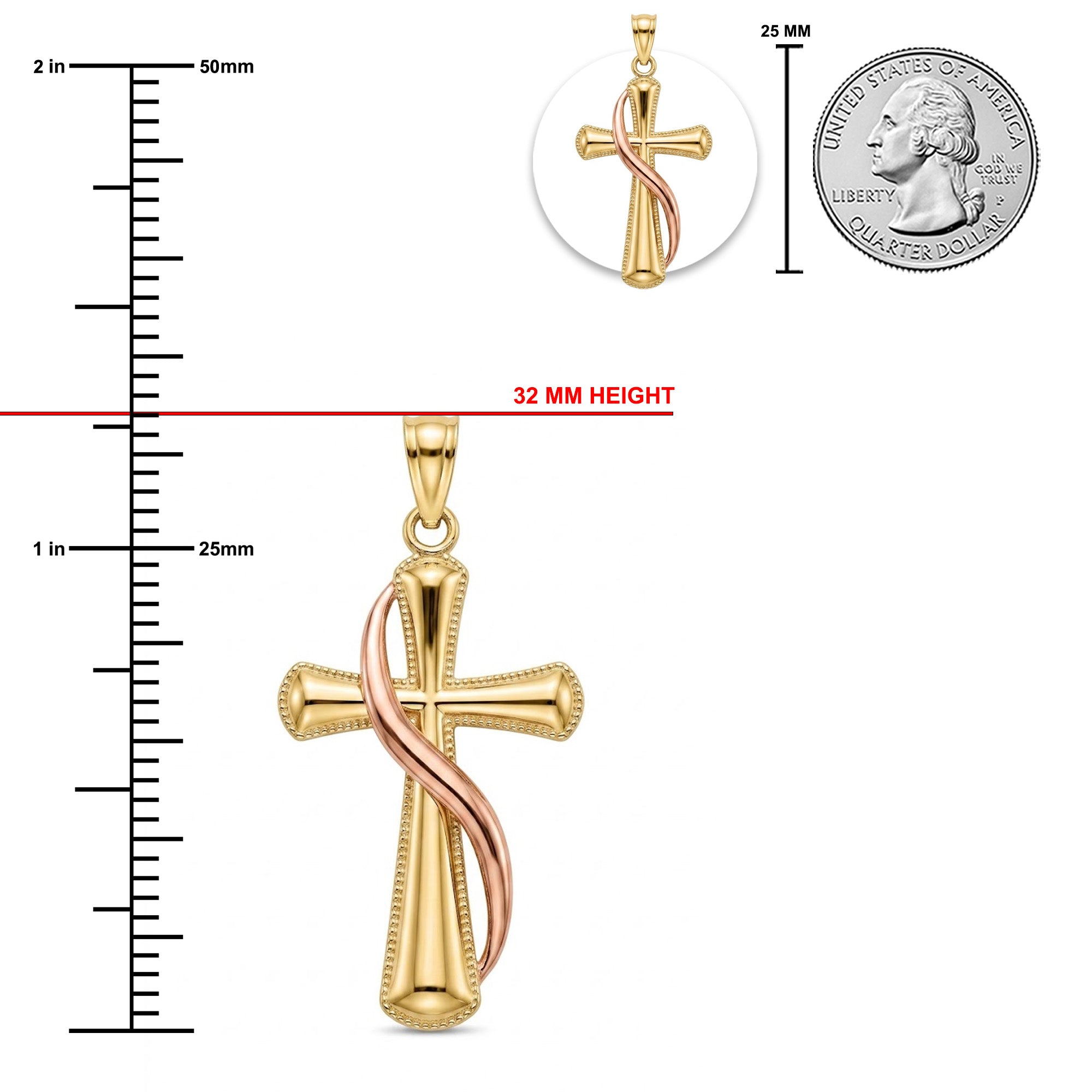 Gold and rose gold cross pendant with a bail, shown on a white background with a ruler indicating 32 mm height, a 25 mm scale reference, and a small inset of the pendant on a coin for size comparison.