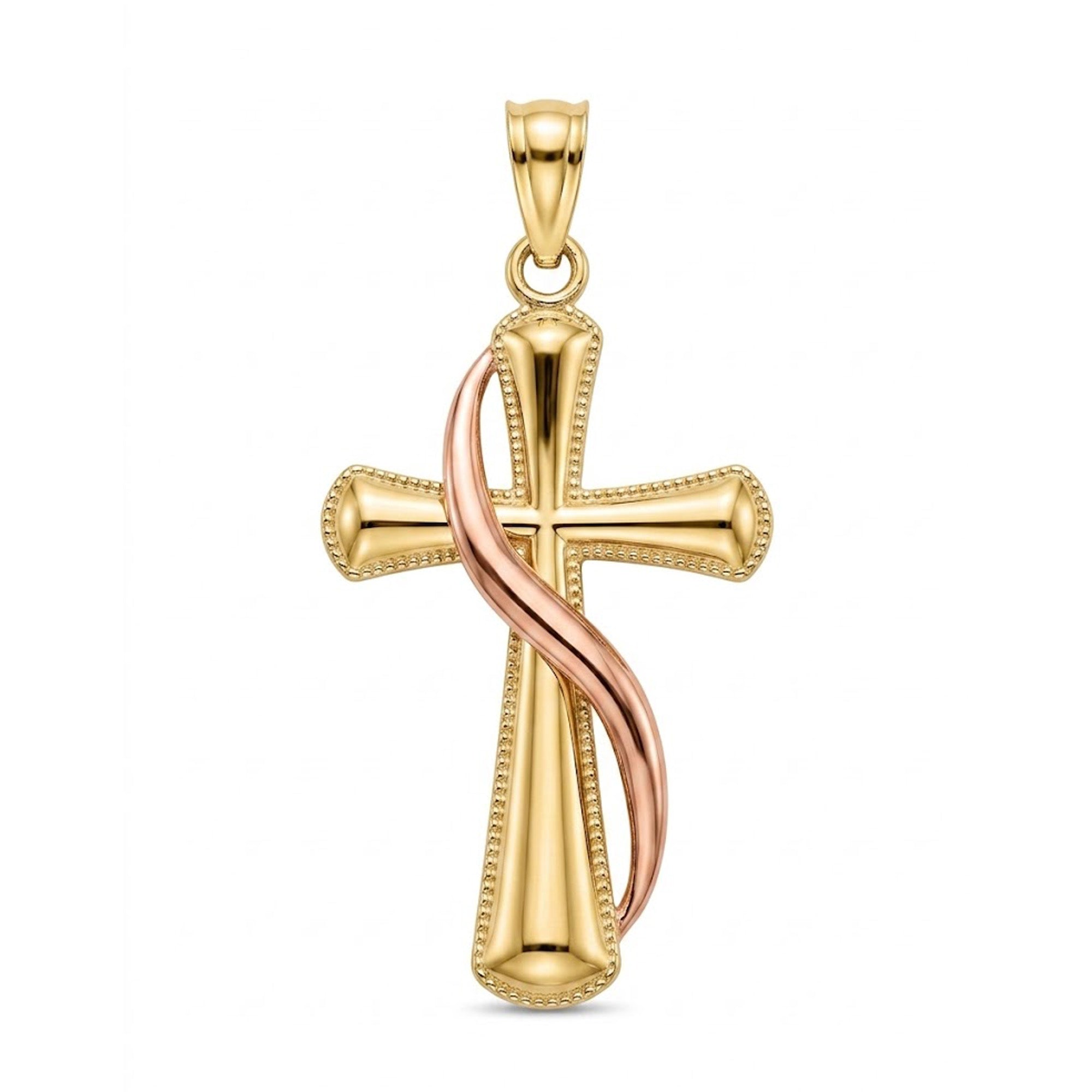 A gold cross pendant featuring a twisted rose gold ribbon design, shown on a clean white background.