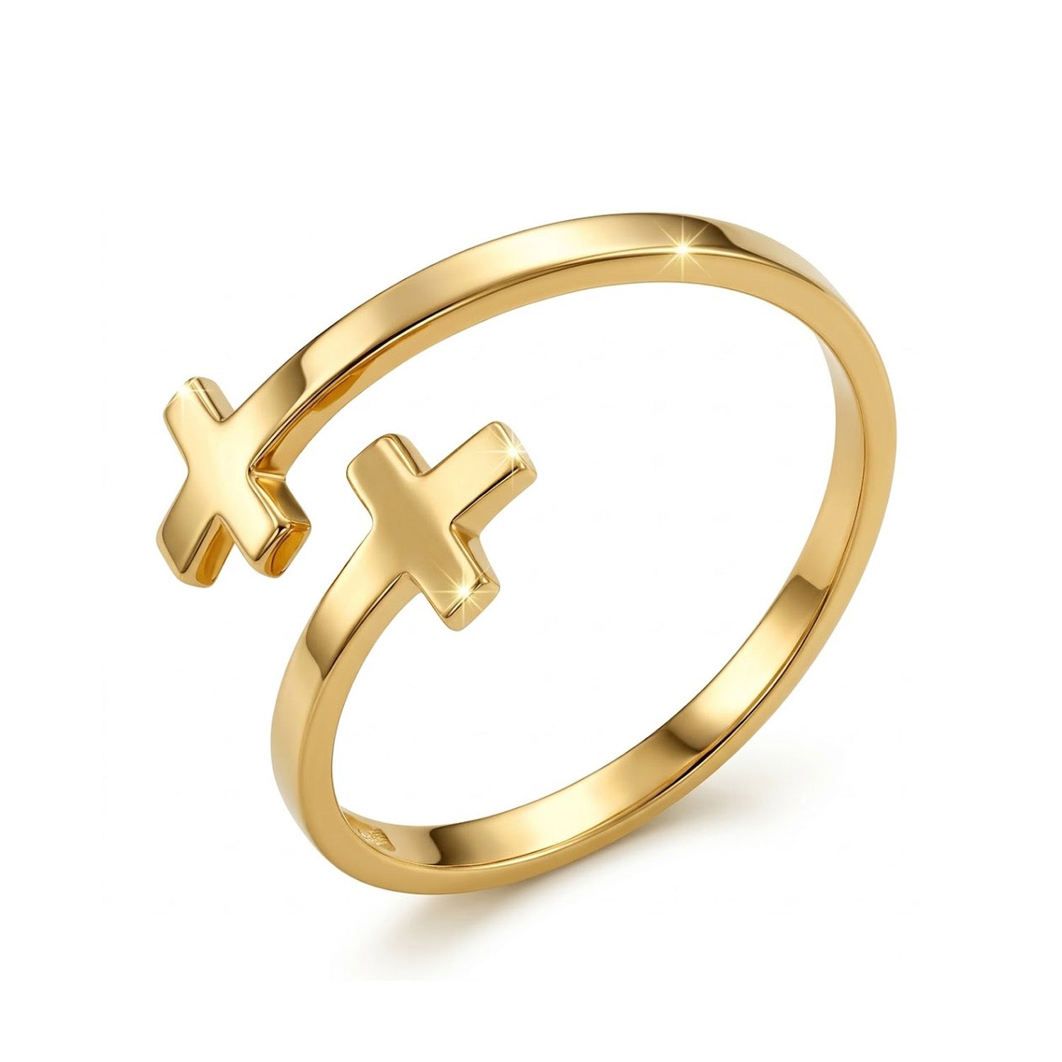 A polished gold-plated open wrap ring with two small cross-shaped protrusions, shown on a clean white background.