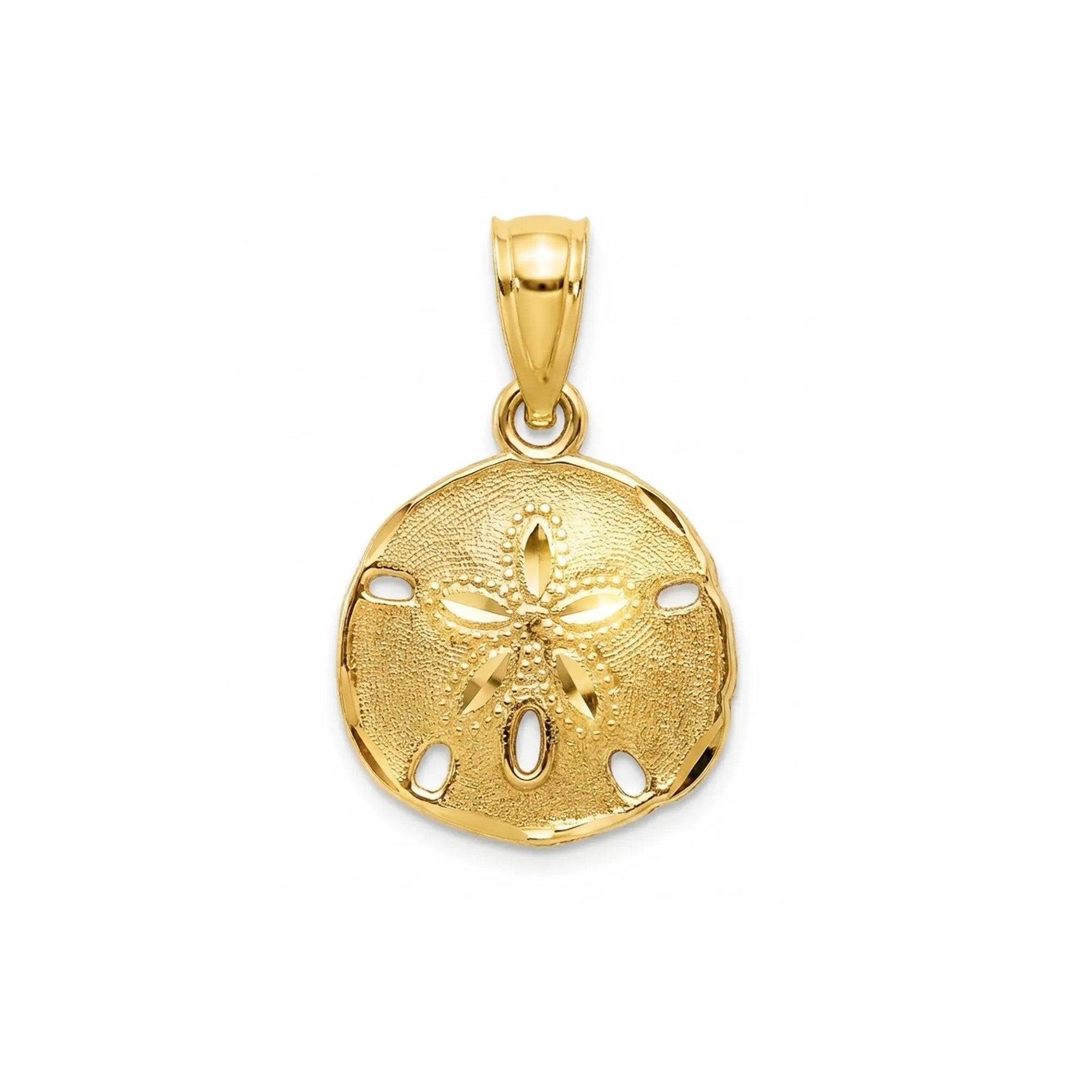 Gold sand dollar pendant on a white background