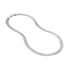 Silver herringbone style chain necklace on a white background