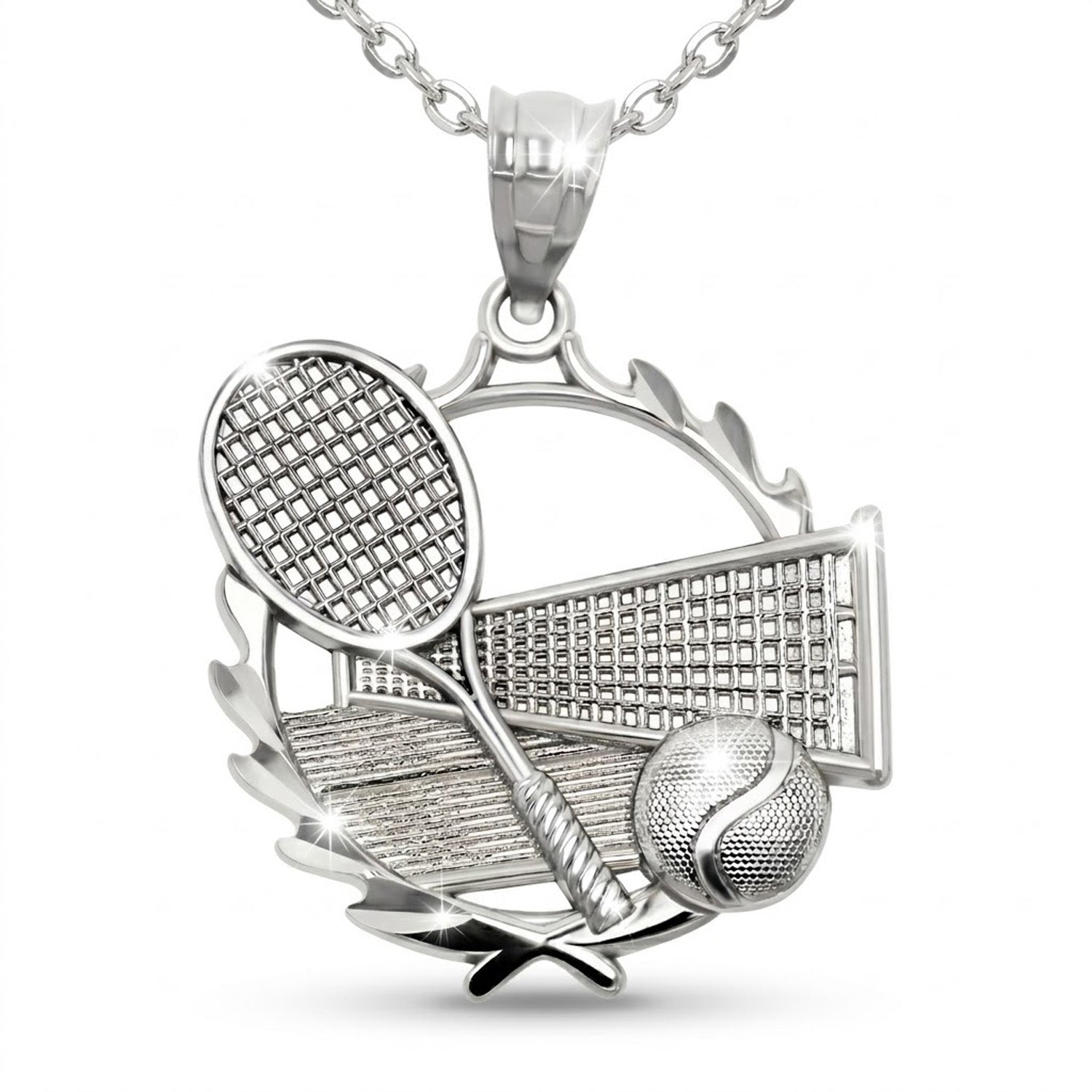 [group: silver] Gold and silver tennis racket, net, and ball pendant on a white background