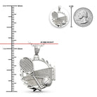 [group: silver] Silver tennis pendant with racket and ball design, shown with measurements against a coin for scale.