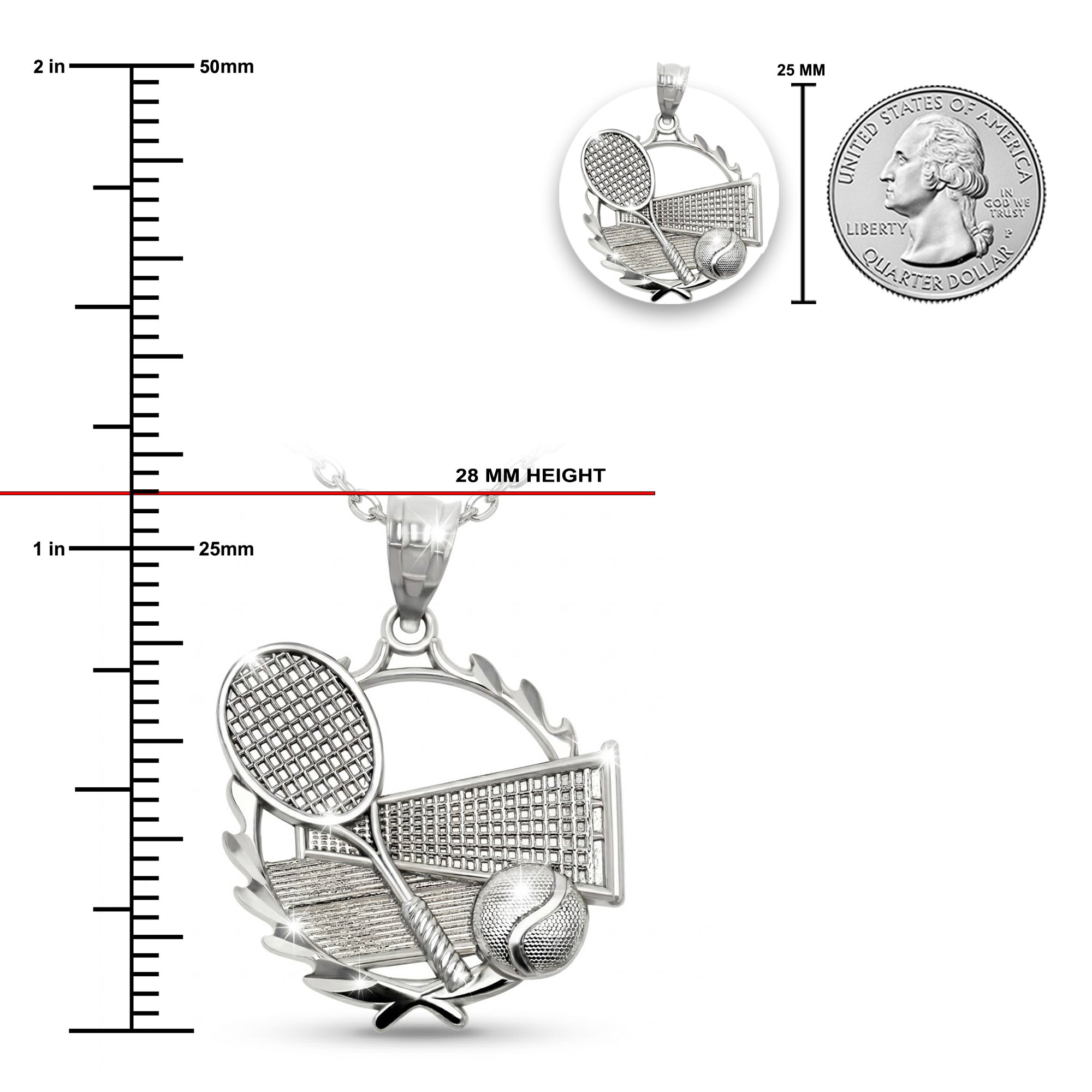 [group: silver] Silver tennis pendant with racket and ball design, shown with measurements against a coin for scale.