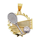 [group: 10k-gold] Gold and silver tennis racket, net, and ball pendant on a white background