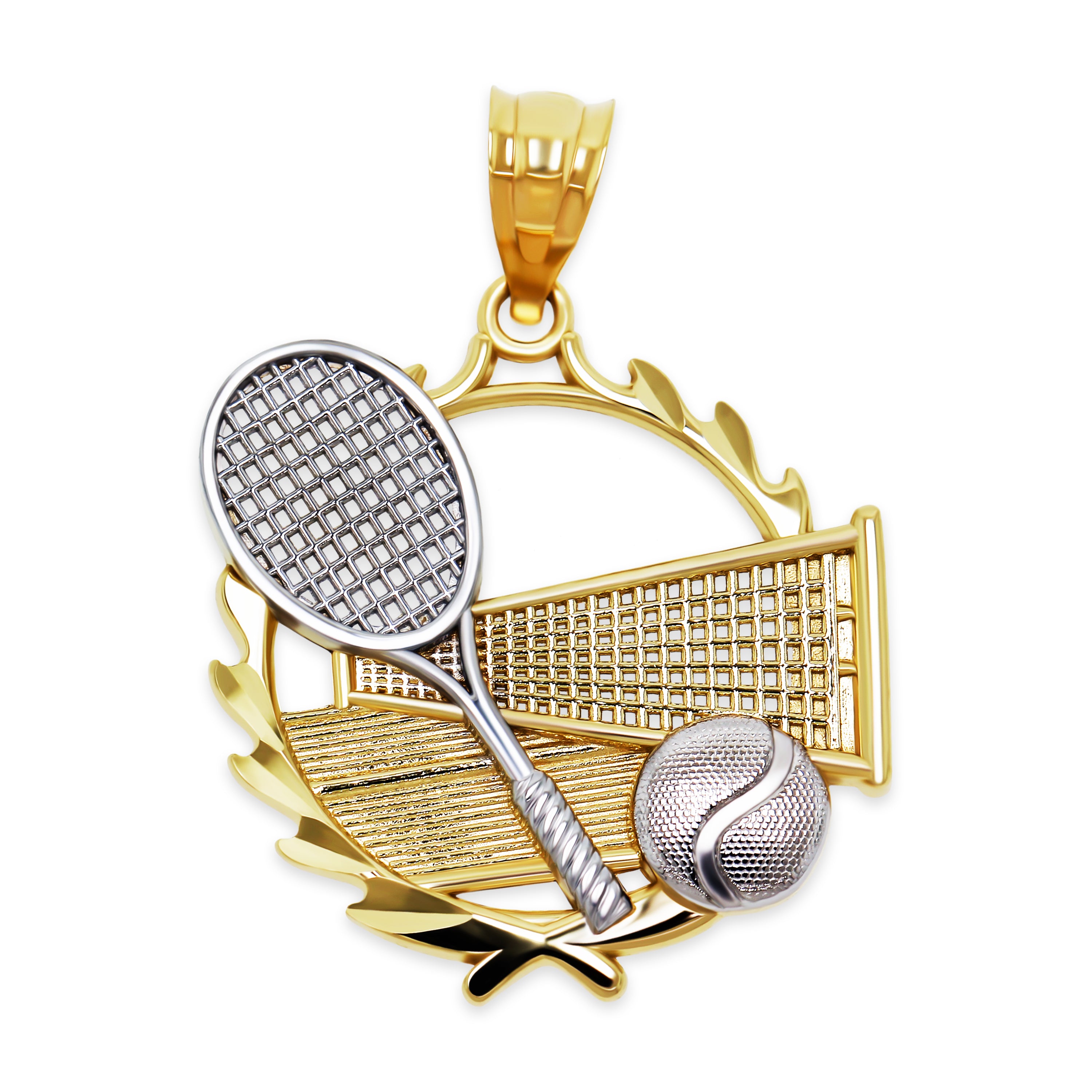 [group: 10k-gold] Gold and silver tennis racket, net, and ball pendant on a white background