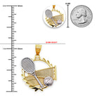 [group: 10k-gold]Tennis pendant with measurements against a quarter for scale on a white background 