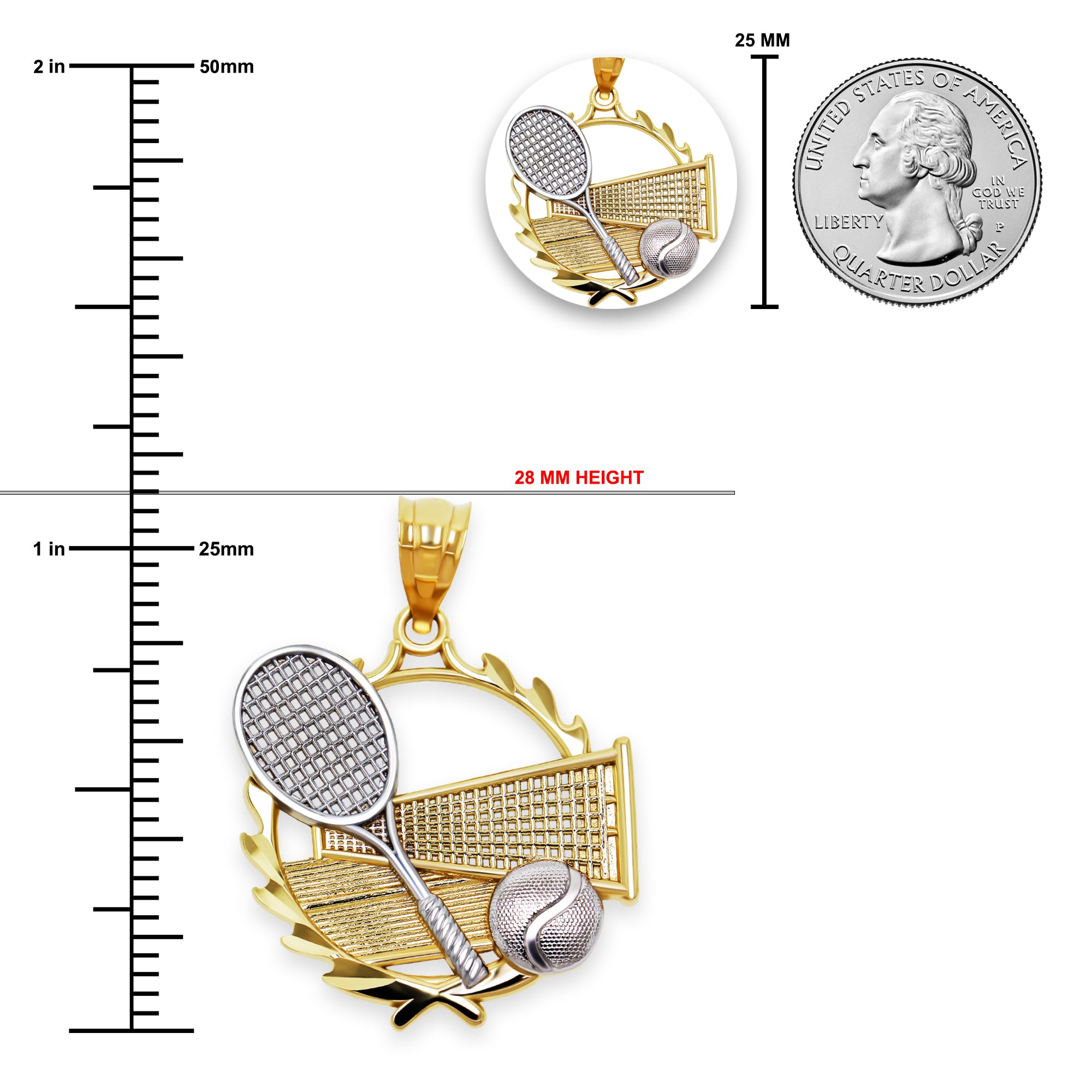[group: 10k-gold]Tennis pendant with measurements against a quarter for scale on a white background 