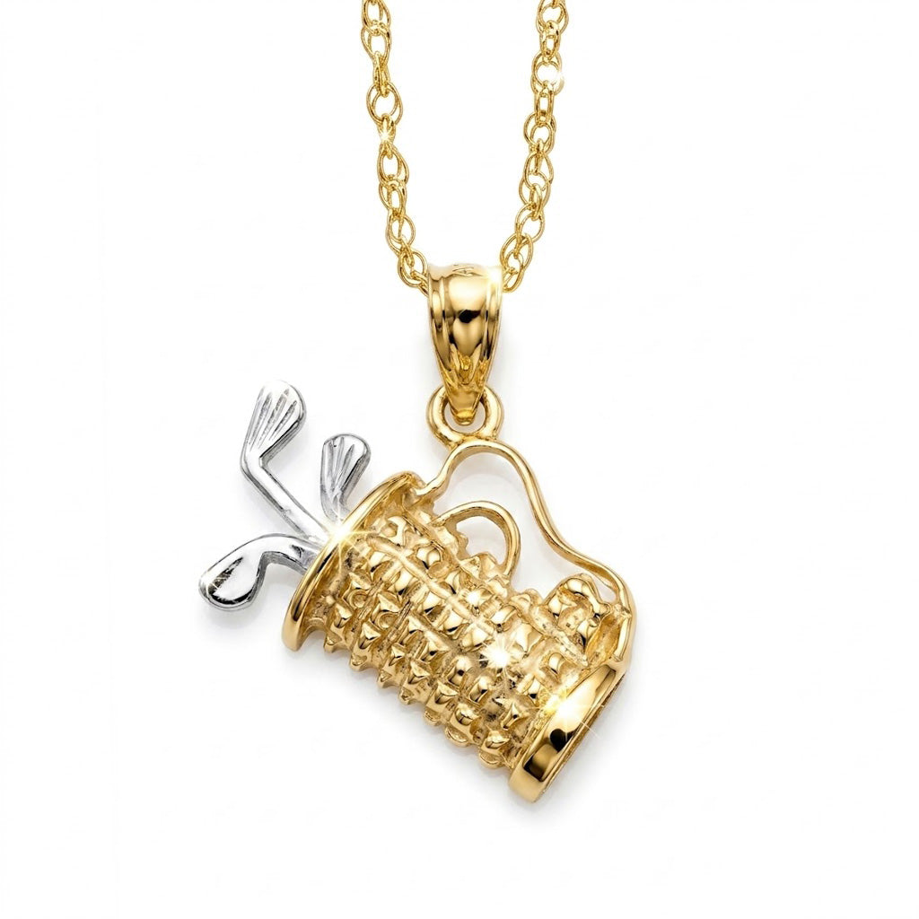 Gold and silver golf pendant on a chain against a white background