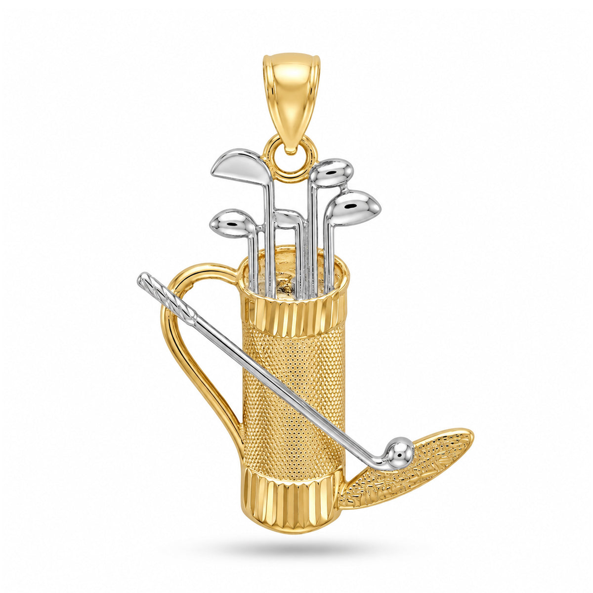[group: gold] A gold and silver golf bag pendant charm featuring golf clubs and a golf ball, displayed on a clean white background.