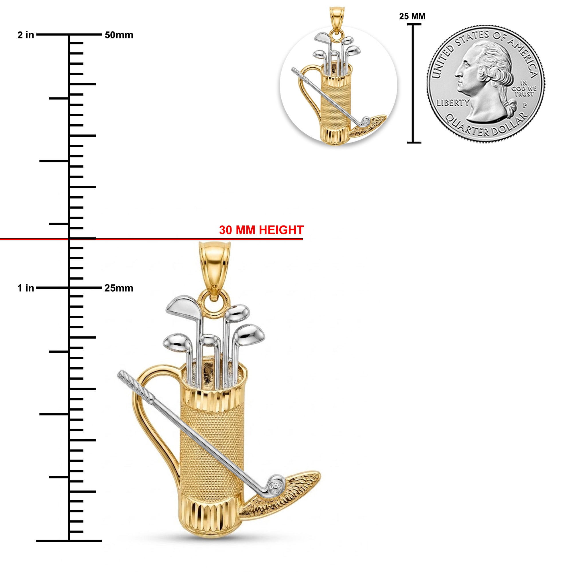 Gold and silver golf bag pendant shown with measurement markings, a 30 mm height callout, a circular inset of the pendant, and a 25 mm coin size reference on a white background.