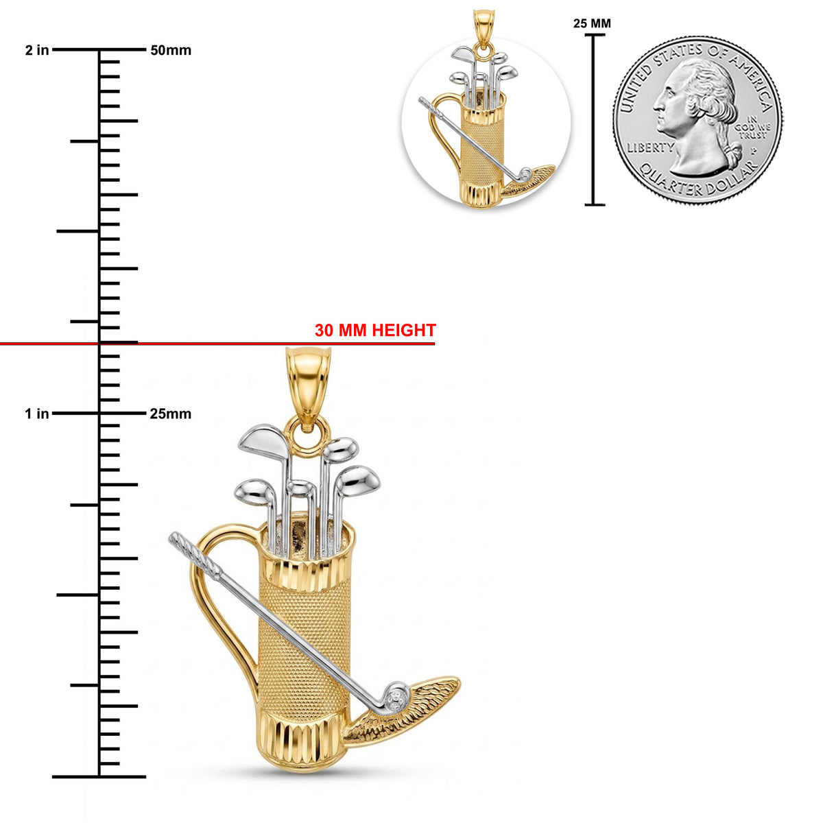[group: gold] A gold and silver golf bag pendant charm featuring golf clubs and a golf ball, displayed on a clean white background.
