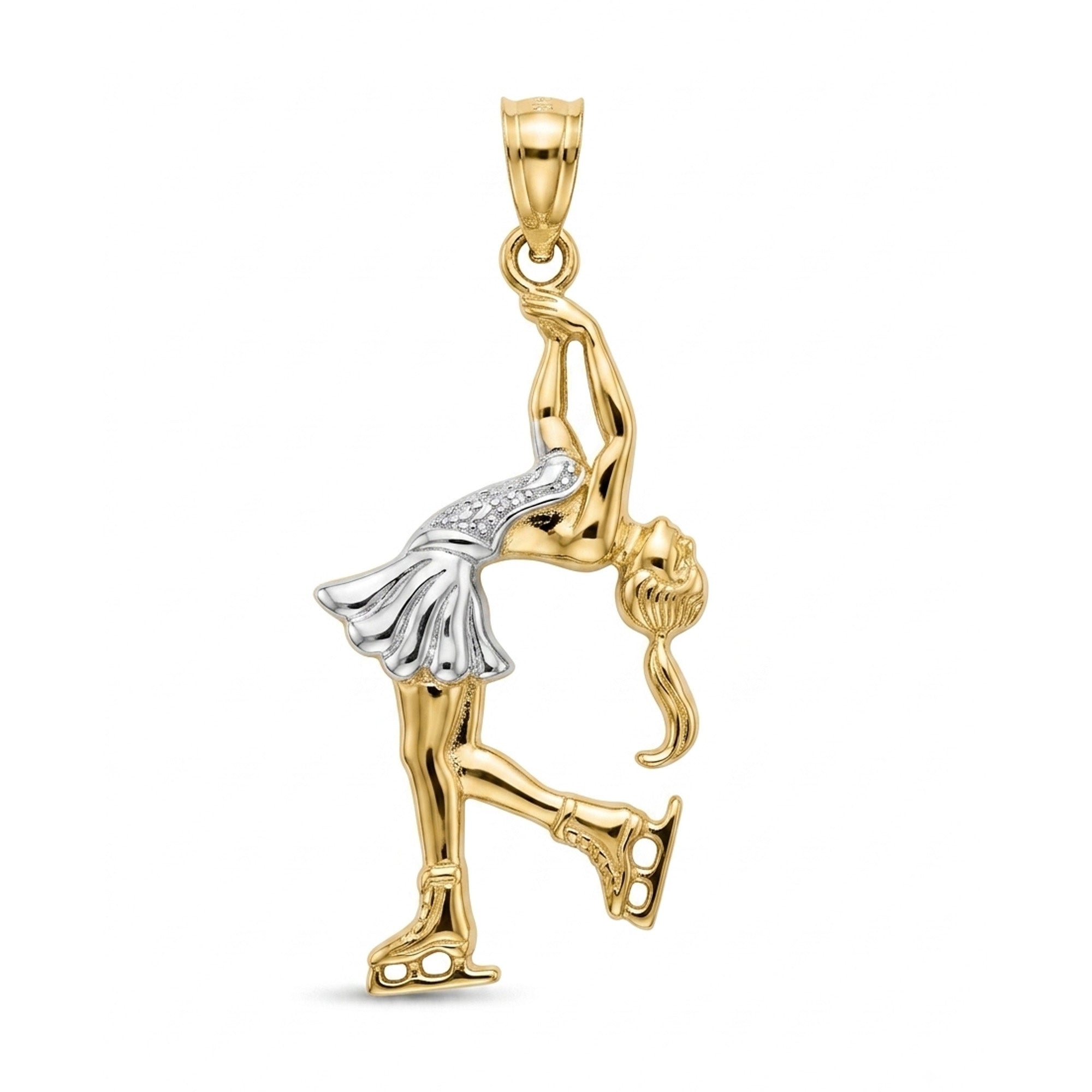 A two-tone gold pendant shaped like a female ice skater in a graceful backward pose, featuring a silver-tone skirt and clear stones on the dress, set against a plain white background.
