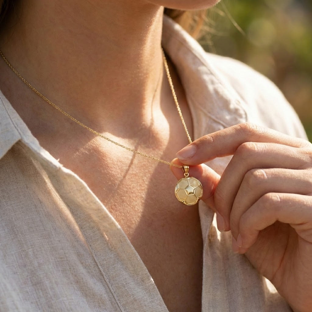 Close-up of a person wearing a gold necklace with a soccer ball pendant, held by a hand.