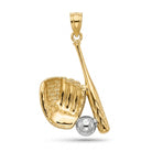 A gold baseball-themed pendant featuring a baseball glove, bat, and a silver baseball, shown on a clean white background.