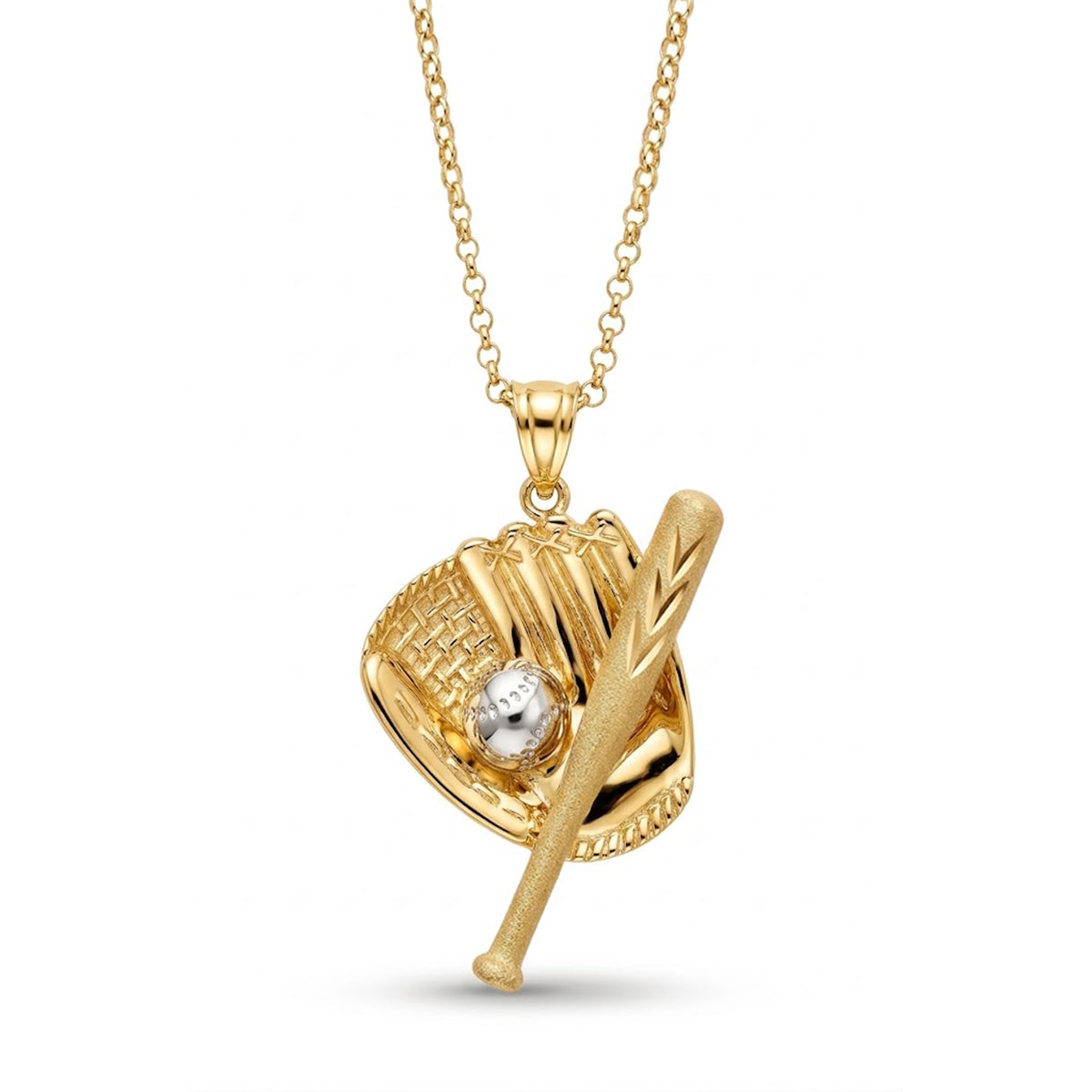 [group: gp] A gold baseball-themed pendant necklace featuring a baseball glove, a bat, and a small silver baseball, suspended from a gold chain on a white background.