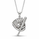 [group: silver] A silver baseball-themed pendant necklace featuring a baseball glove, baseball, and crossed bat design, suspended from a delicate silver chain against a white background.