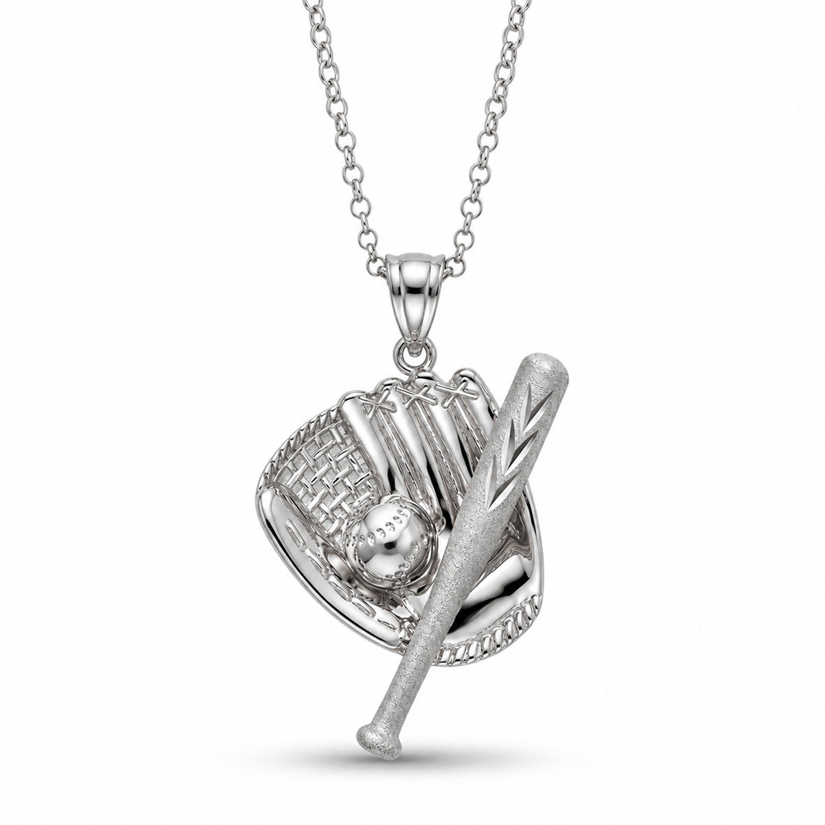 [group: silver] A silver baseball-themed pendant necklace featuring a baseball glove, baseball, and crossed bat design, suspended from a delicate silver chain against a white background.