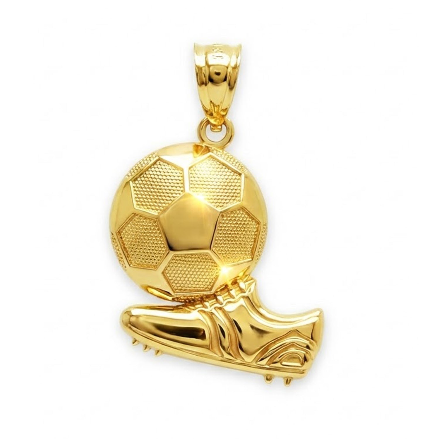 Gold soccer ball and boot pendant on a white background