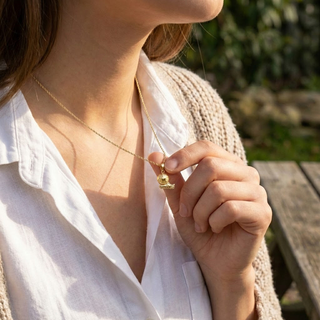 Person wearing a gold necklace with a small soccer ball pendant outdoors