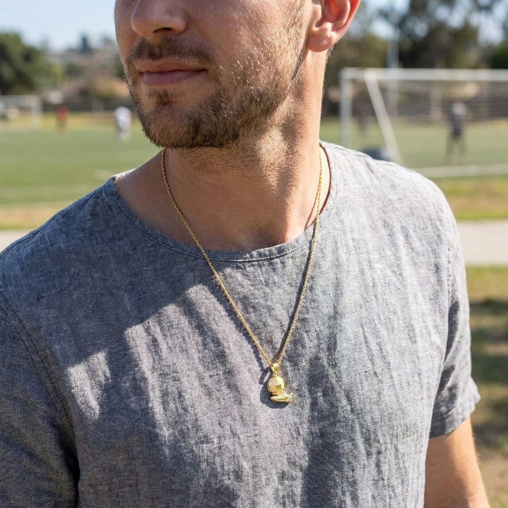 Man wearing a gold necklace with a soccer pendant outdoors on a grassy field.