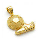 Gold pendant shaped like a soccer ball and cleat on a white background