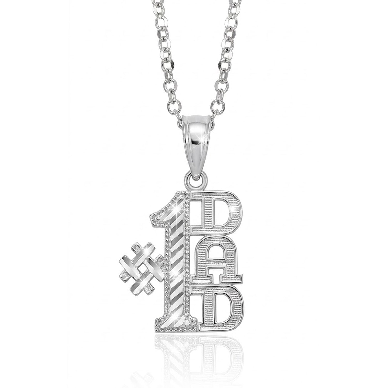 [group:silver] Silver '#1 Dad' necklace on a white background