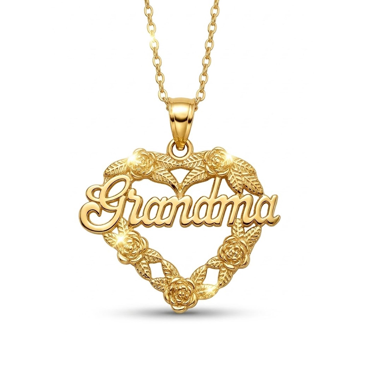 [group:gold-plated] Gold necklace with 'Grandma' pendant on a white background