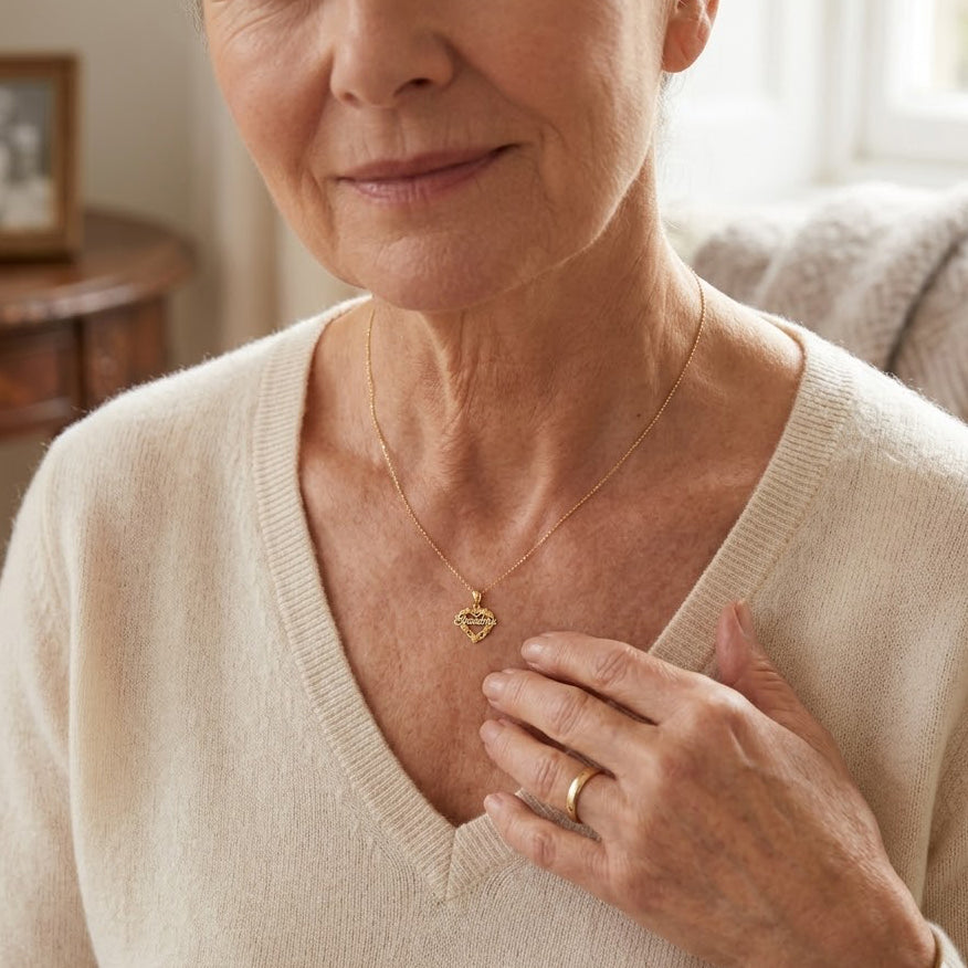 [group: gold-plated] Woman wearing a gold necklace with a heart pendant indoors.