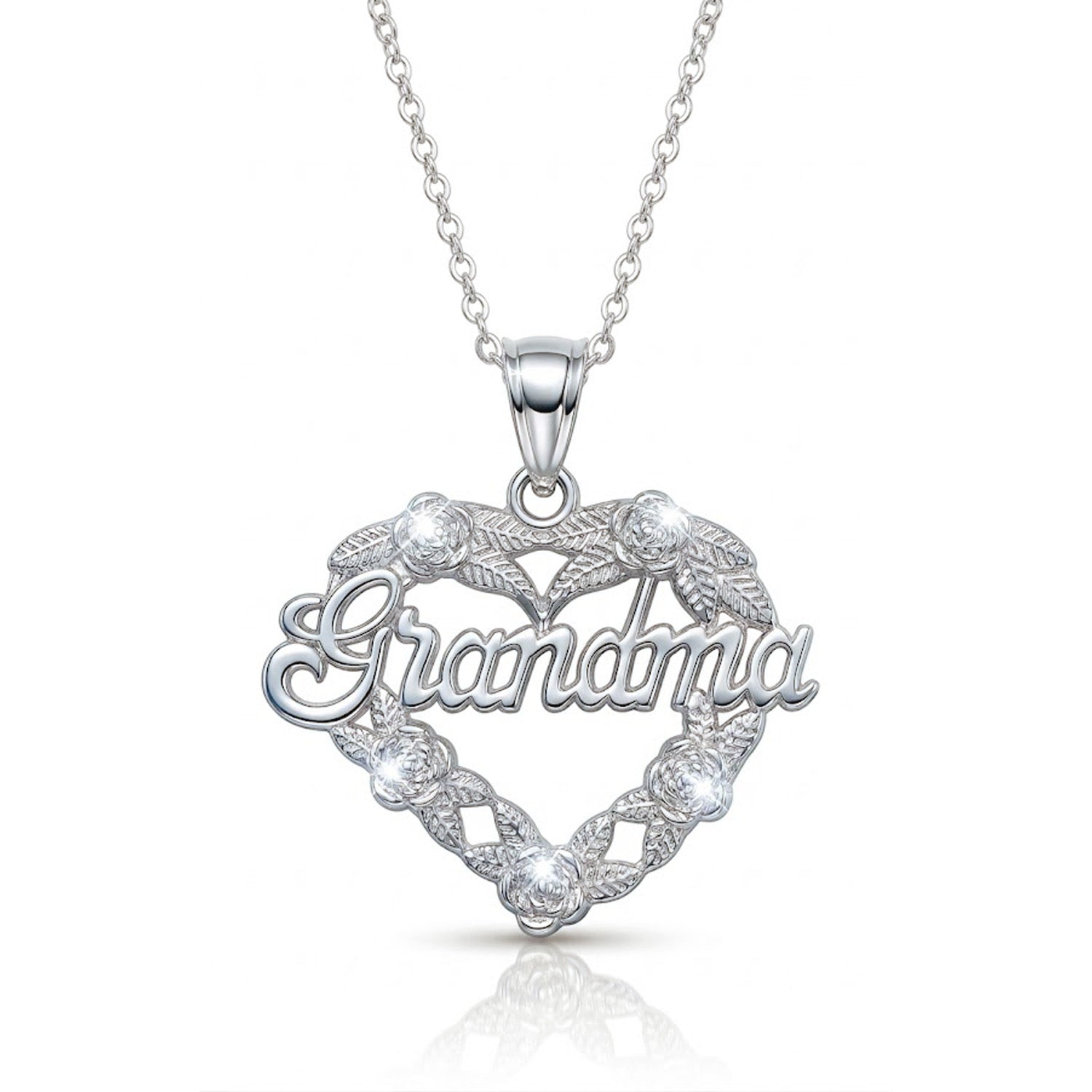 [group: silver] Silver necklace with a heart-shaped pendant that reads 'Grandma' on a white backgroundi