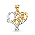 Two-tone gold and silver heart-shaped pendant with 'love' engraving on a white background