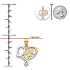 Gold and silver 'LOVE' pendant with measurements and a quarter for scale on a white background