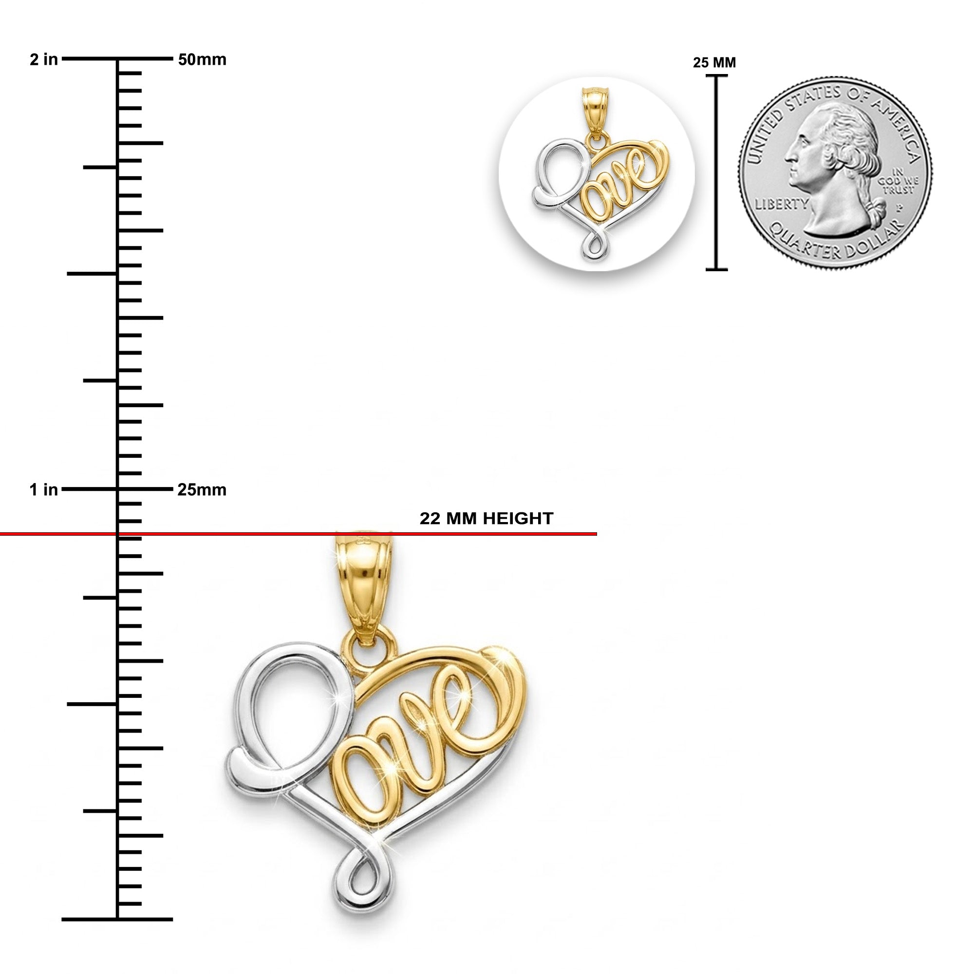 Gold and silver 'LOVE' pendant with measurements and a quarter for scale on a white background