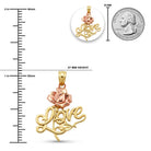A two-tone rose gold and yellow gold pendant featuring a rose and the word 'Love' in cursive, shown with measurement markings, a 27 mm height label, and a US quarter coin for scale on a white background.