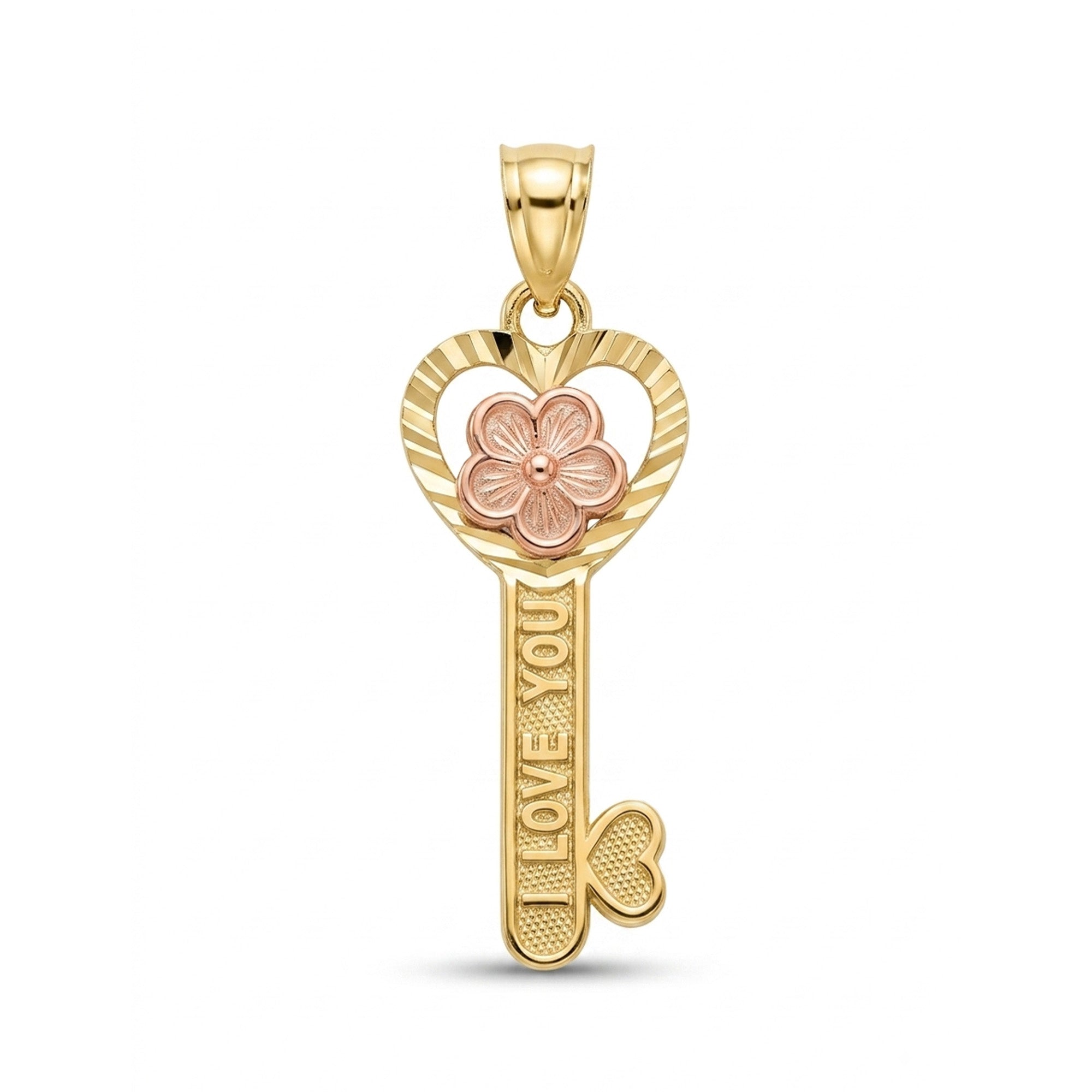A gold key-shaped pendant with a rose gold flower at the center, featuring the engraved words 'I LOVE YOU' on the key blade and a small heart at the end, shown on a white background.