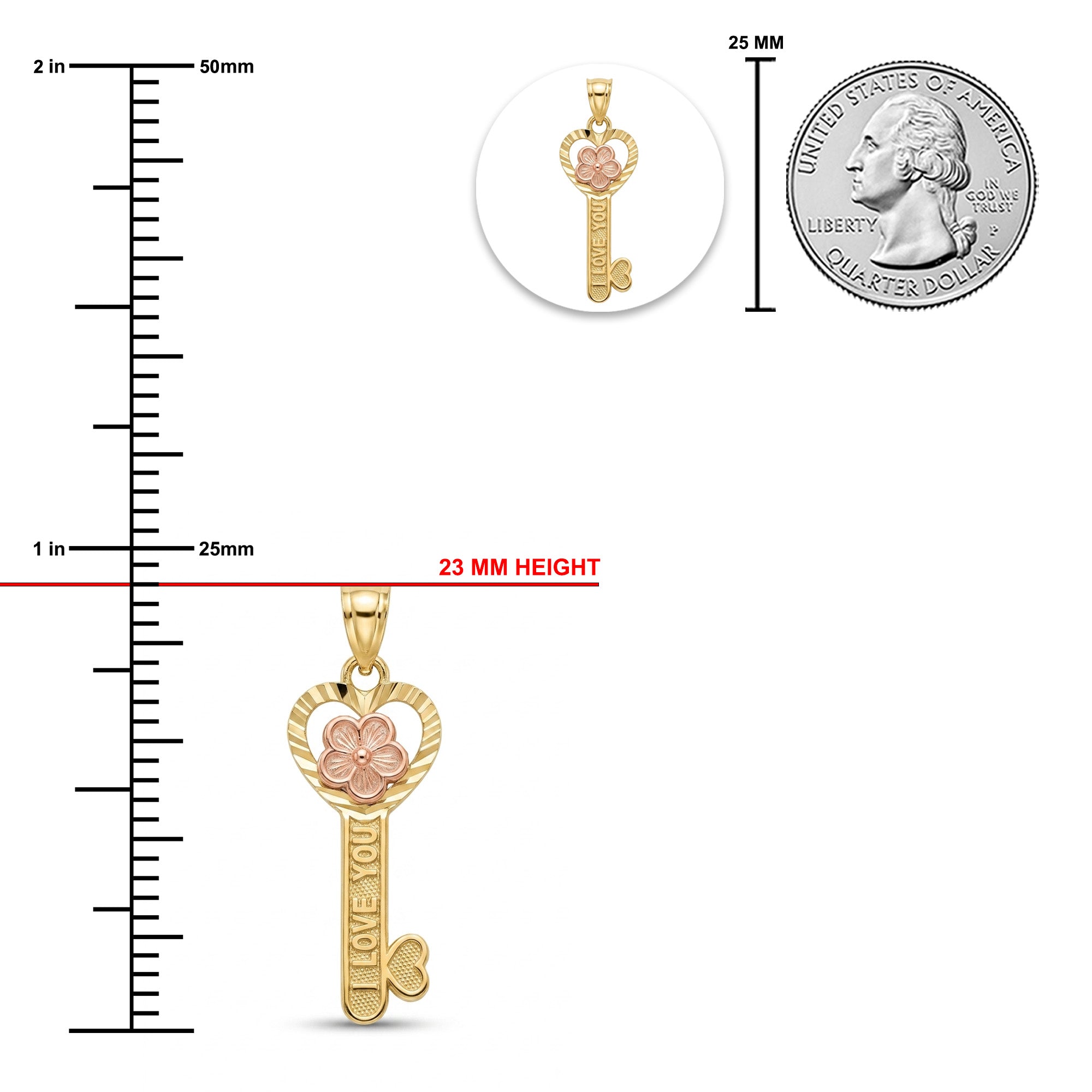 Gold key-shaped pendant with a pink flower detail and 'I LOVE YOU' inscription, shown with a 23 mm height measurement, a 25 mm scale reference, and a coin size comparison on a white background.