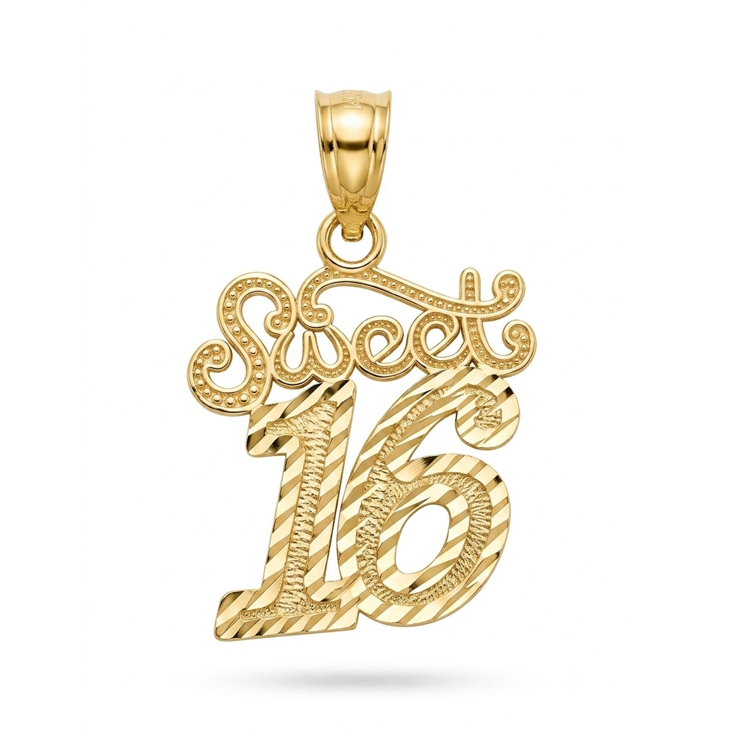 A gold pendant shaped like a 'Sweet 16' birthday decoration, featuring the word 'Sweet' in cursive above the number '16' with textured and polished details, shown on a plain white background.