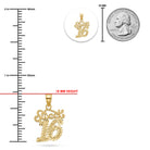 Gold 16th birthday pendant with a measurement scale, showing 18 mm height, a 25 mm coin size reference, and a circular inset of the pendant.