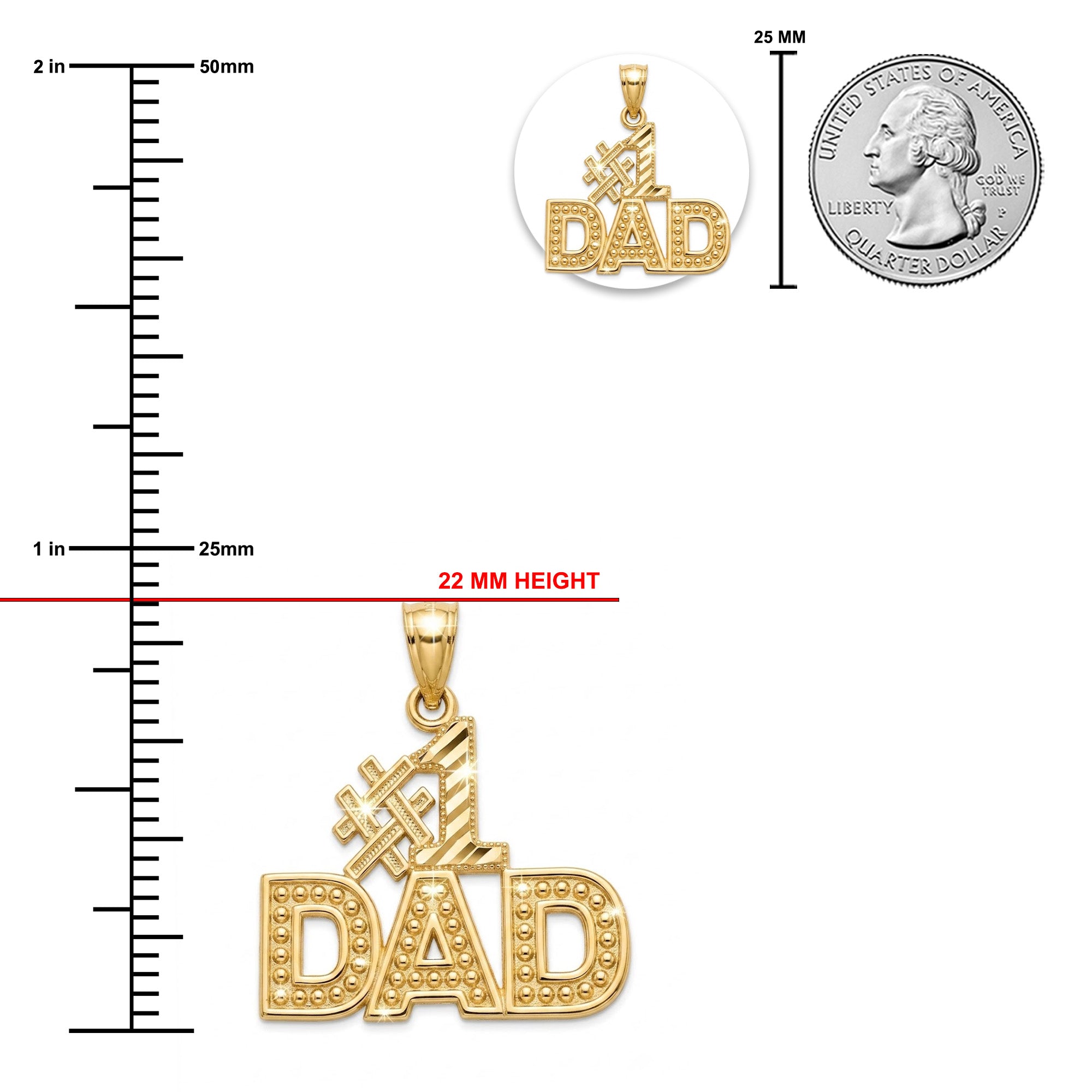 [group:10k-gold]  Gold 'DAD' pendant with size measurement against a quarter for scale on a white background