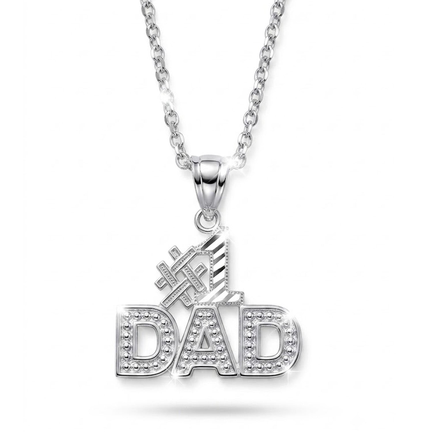 [group: silver] Silver 'DAD' necklace on a white background