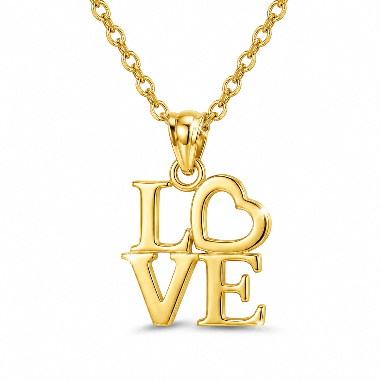 [group: gold-plated] A gold necklace featuring a 'LOVE' pendant where the 'O' is shaped like a heart, displayed on a clean white background.