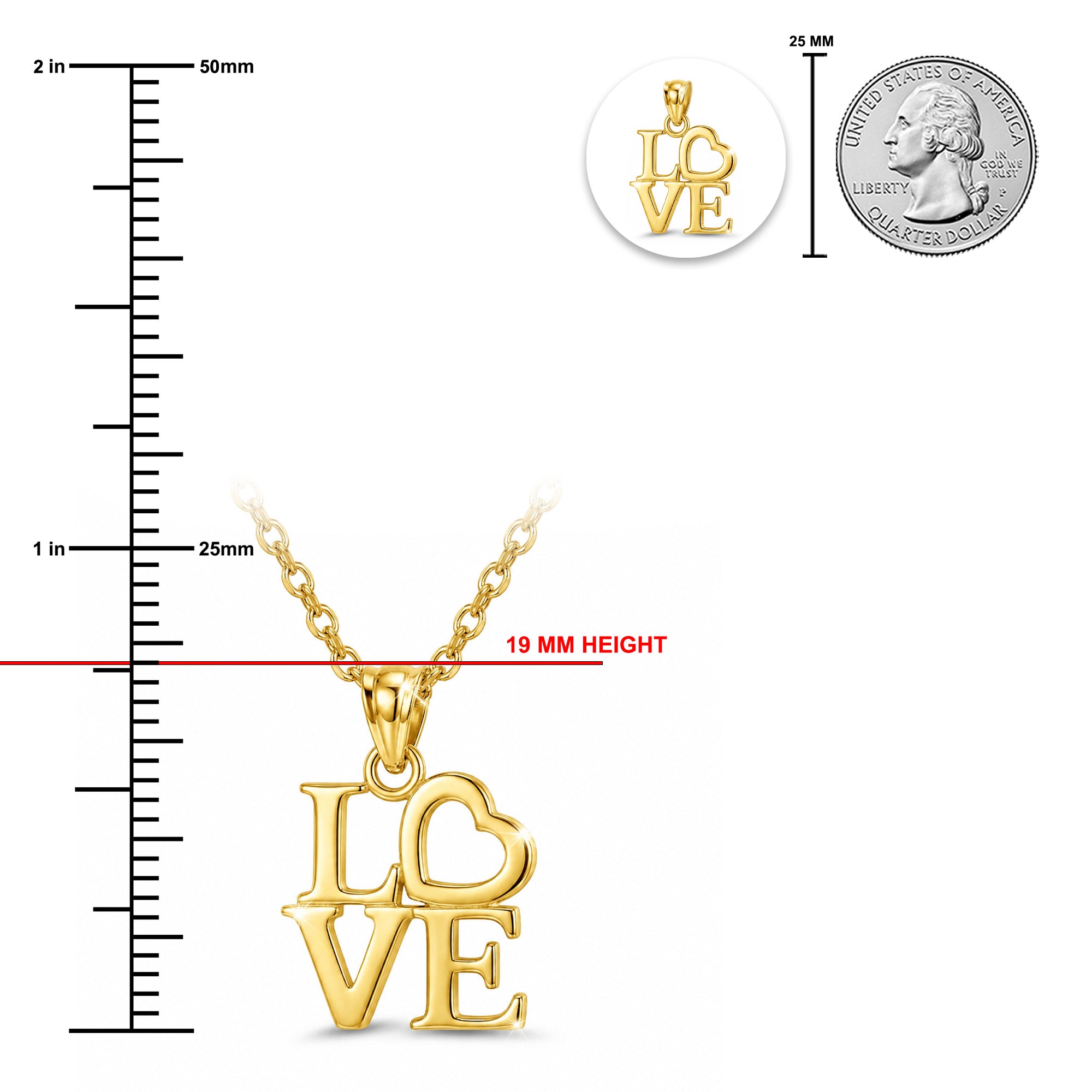 [group: gold-plated]Gold-tone LOVE pendant necklace on a chain, shown with measurement markings indicating 19 mm height, a 25 mm coin scale reference, and a small circular inset of the pendant.